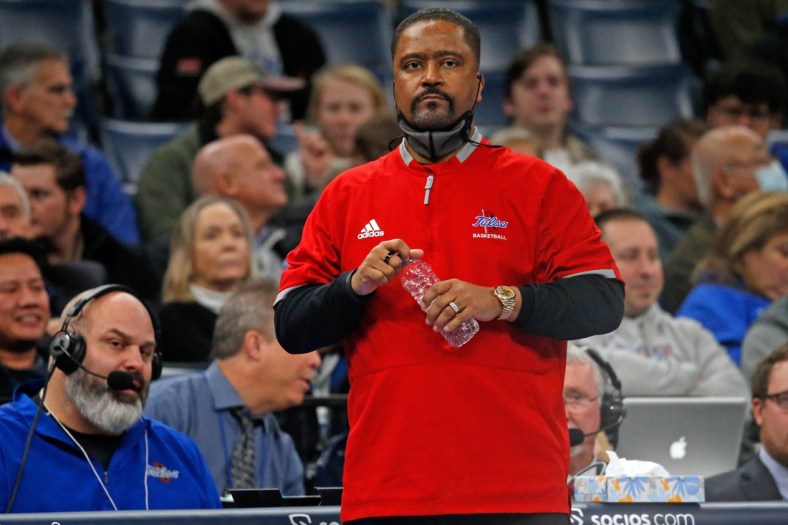 Jan 4, 2022; Memphis, Tennessee, USA; Tulsa Golden Hurricane head coach Frank Haith watches during the first half against the Memphis Tigers at FedExForum. Mandatory Credit: Petre Thomas-USA TODAY Sports