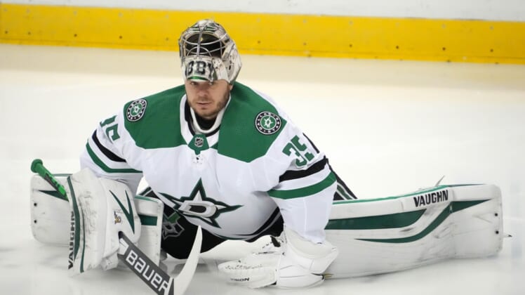 Jan 14, 2022; Sunrise, Florida, USA; Dallas Stars goaltender Anton Khudobin (35) stretches on the ice prior to the game against the Florida Panthers at FLA Live Arena. Mandatory Credit: Jasen Vinlove-USA TODAY Sports