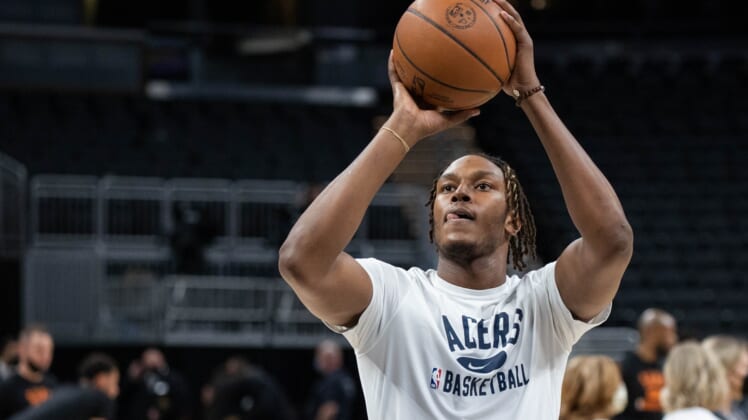Jan 14, 2022; Indianapolis, Indiana, USA; Indiana Pacers center Myles Turner (33) warms up before the game against the Phoenix Suns at Gainbridge Fieldhouse. Mandatory Credit: Trevor Ruszkowski-USA TODAY Sports