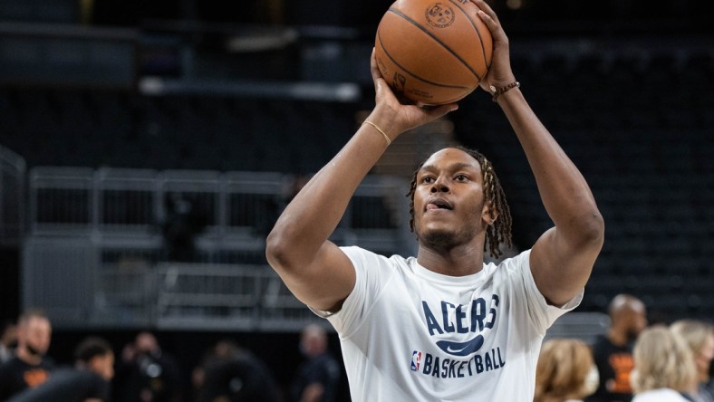 Jan 14, 2022; Indianapolis, Indiana, USA; Indiana Pacers center Myles Turner (33) warms up before the game against the Phoenix Suns at Gainbridge Fieldhouse. Mandatory Credit: Trevor Ruszkowski-USA TODAY Sports