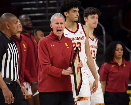 Jan 15, 2022; Los Angeles, California, USA; USC Trojans head coach Andy Enfield yells during a time out in the first half against the Oregon Ducks at Galen Center. Mandatory Credit: Jayne Kamin-Oncea-USA TODAY Sports