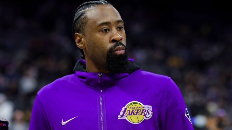 Jan 12, 2022; Sacramento, California, USA; Los Angeles Lakers center DeAndre Jordan (10) before the game against the Sacramento Kings at Golden 1 Center. Mandatory Credit: Sergio Estrada-USA TODAY Sports