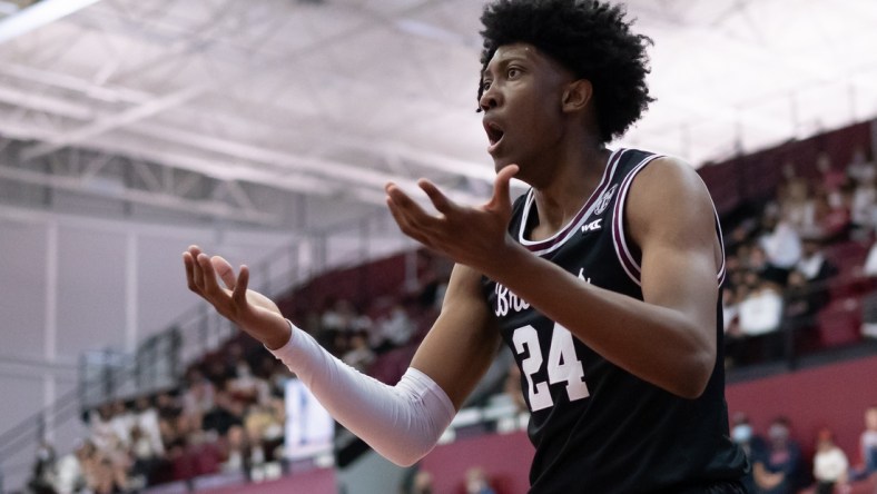 Jan 15, 2022; Santa Clara, California, USA;  Santa Clara Broncos guard Jalen Williams (24) reacts during the first half against the Gonzaga Bulldogs at Leavey Center. Mandatory Credit: Stan Szeto-USA TODAY Sports