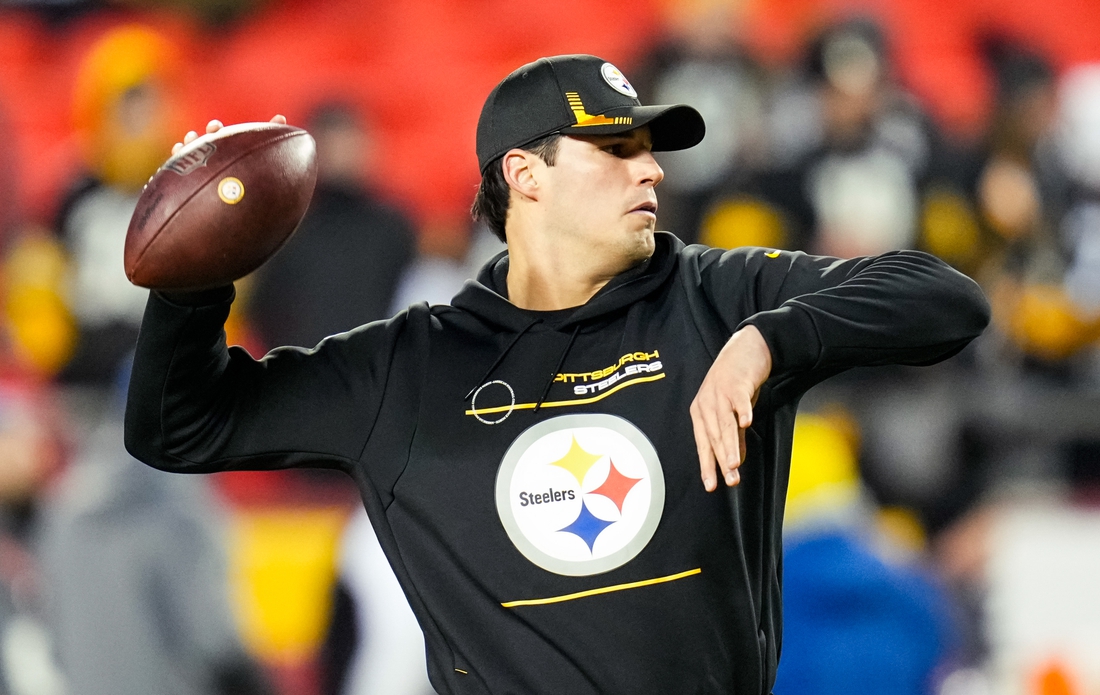 Jan 16, 2022; Kansas City, Missouri, USA; Pittsburgh Steelers quarterback Mason Rudolph (2) warms up before an AFC Wild Card playoff football game against the Kansas City Chiefs at GEHA Field at Arrowhead Stadium. Mandatory Credit: Jay Biggerstaff-USA TODAY Sports