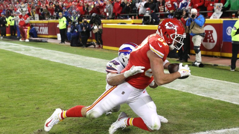 Jan 23, 2022; Kansas City, Missouri, USA; Kansas City Chiefs tight end Travis Kelce catches the game-winning touchdown in overtime in the AFC Divisional Round at Highmark Stadium. Mandatory Credit: Jamie Germano-USA TODAY NETWORK

Nfl Afc Divisional Round Buffalo Bills At Kansas City Chiefs