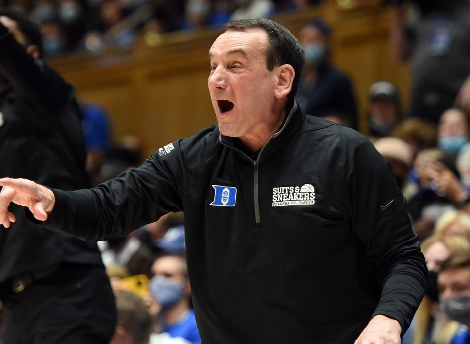 Jan 25, 2022; Durham, North Carolina, USA; Duke Blue Devils head coach Mike Krzyzewski reacts during the first half against the Clemson Tigers at Cameron Indoor Stadium. Mandatory Credit: Rob Kinnan-USA TODAY Sports