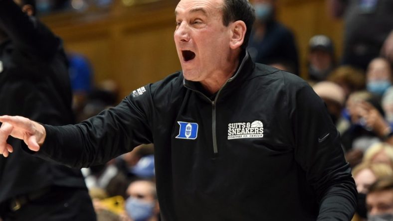 Jan 25, 2022; Durham, North Carolina, USA; Duke Blue Devils head coach Mike Krzyzewski reacts during the first half against the Clemson Tigers at Cameron Indoor Stadium. Mandatory Credit: Rob Kinnan-USA TODAY Sports