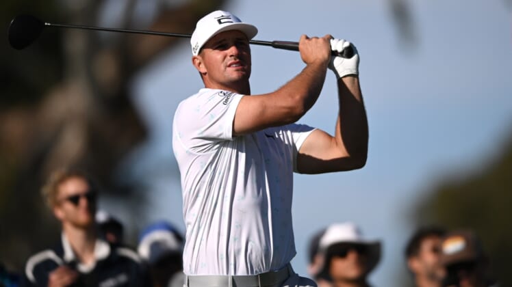 Jan 27, 2022; San Diego, California, USA; Bryson DeChambeau plays his shot from the ninth tee during the first round of the Farmers Insurance Open golf tournament at Torrey Pines Municipal Golf Course - North Course. Mandatory Credit: Orlando Ramirez-USA TODAY Sports