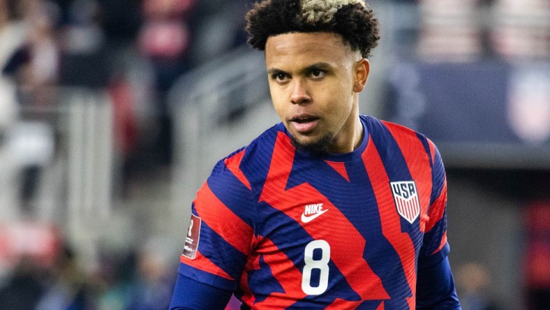 Jan 27, 2022; Columbus, Ohio, USA; United States midfielder Weston Mckennie (8) during the CONCACAF FIFA World Cup Qualifier soccer match against El Salvador at Lower.com Field. Mandatory Credit: Trevor Ruszkowski-USA TODAY Sports