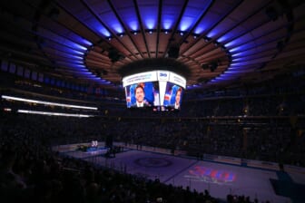 Jan 28, 2022; New York, New York, USA; General view of Madison Square Garden during a ceremony to retire the number of New York Rangers former goalie Henrik Lundqvist before a game against the Minnesota Wild. Mandatory Credit: Brad Penner-USA TODAY Sports