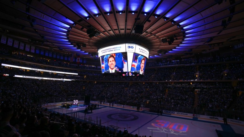 Jan 28, 2022; New York, New York, USA; General view of Madison Square Garden during a ceremony to retire the number of New York Rangers former goalie Henrik Lundqvist before a game against the Minnesota Wild. Mandatory Credit: Brad Penner-USA TODAY Sports