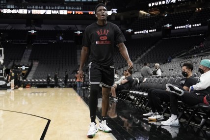 Feb 3, 2022; San Antonio, Texas, USA; Miami Heat guard Victor Oladipo (4) warms up before a game against the San Antonio Spurs. Mandatory Credit: Scott Wachter-USA TODAY Sports