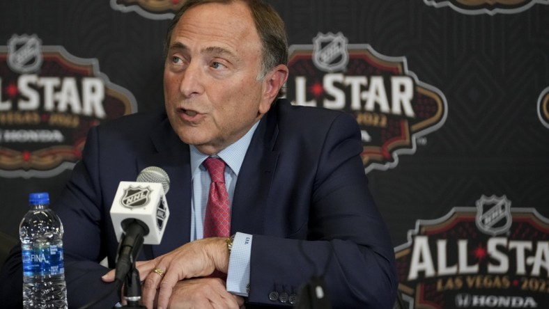 Feb 4, 2022; Las Vegas, Nevada, USA; NHL commissioner Gary Bettman speaks with media prior to the 2022 NHL All-Star Game Skills Competition at T-Mobile Arena. Mandatory Credit: Stephen R. Sylvanie-USA TODAY Sports