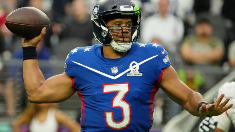 Feb 6, 2022; Paradise, Nevada, USA; NFC quarterback Russel Wilson of the Seattle Seahawks (3) passes the ball against the AFC during the third quarter during the Pro Bowl football game at Allegiant Stadium. Mandatory Credit: Kirby Lee-USA TODAY Sports