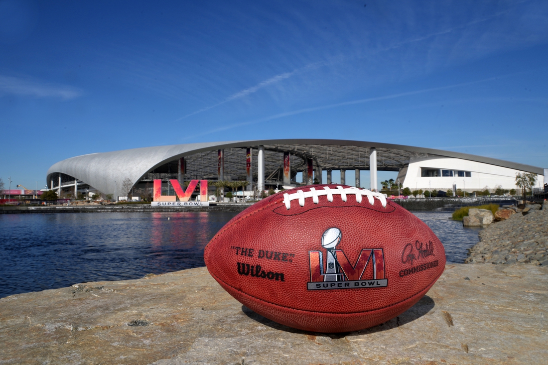 Feb 8, 2022; Inglewood, CA, USA; An NFL official Wilson Duke football with the Super Bowl LVI logo is seen at SoFi Stadium.   Mandatory Credit: Kirby Lee-USA TODAY Sports
