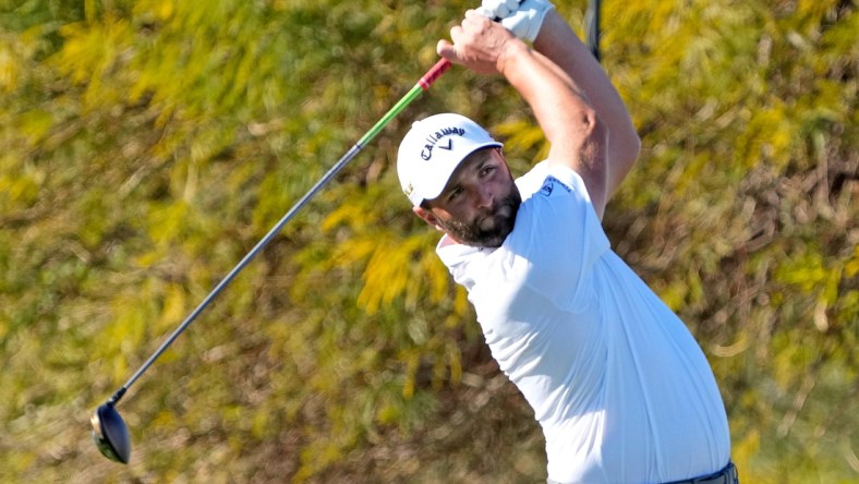 Feb 10, 2022; Scottsdale, AZ, USA;  Jon Rahm hits from the 9th tee box during Round 1 of the WM Phoenix Open at TPC Scottsdale. Mandatory Credit: Cheryl Evans-Arizona Republic

Golf Wm Phoenix Open Day 1