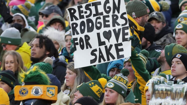 A fan holds a sign about Green Bay Packers quarterback Aaron Rodgers during the first quarter of their game Sunday, November 14, 2021 at Lambeau Field in Green Bay, Wis. There were few signs regarding Rodgers. The Green Bay Packers beat the Seattle Seahawks 17-0.

Mjs Packers15 8 Jpg Packers15