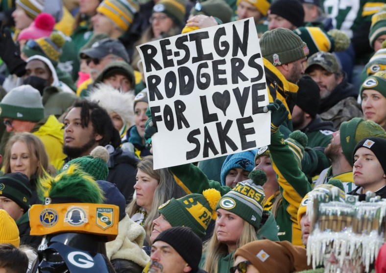 A fan holds a sign about Green Bay Packers quarterback Aaron Rodgers during the first quarter of their game Sunday, November 14, 2021 at Lambeau Field in Green Bay, Wis. There were few signs regarding Rodgers. The Green Bay Packers beat the Seattle Seahawks 17-0.

Mjs Packers15 8 Jpg Packers15