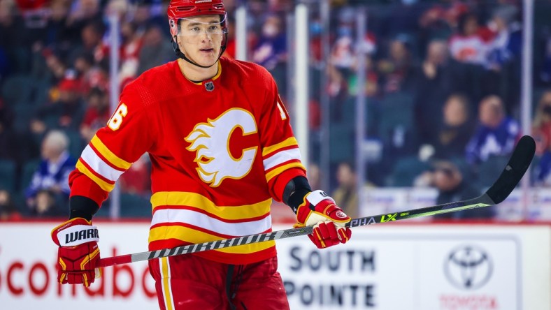 Feb 10, 2022; Calgary, Alberta, CAN; Calgary Flames defenseman Nikita Zadorov (16) during the third period against the Toronto Maple Leafs at Scotiabank Saddledome. Mandatory Credit: Sergei Belski-USA TODAY Sports