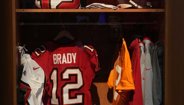 Feb 7, 2022; Los Angeles, CA, USA; A locker room exhibit of Tampa Bay Buccaneers quarterback Tom Brady (12) at the Super Bowl LVI Experience at the Los Angeles Convention Center. Mandatory Credit: Kirby Lee-USA TODAY Sports