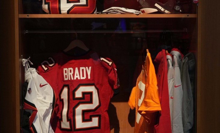 Feb 7, 2022; Los Angeles, CA, USA; A locker room exhibit of Tampa Bay Buccaneers quarterback Tom Brady (12) at the Super Bowl LVI Experience at the Los Angeles Convention Center. Mandatory Credit: Kirby Lee-USA TODAY Sports