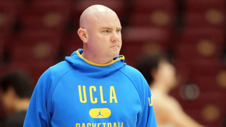 Feb 8, 2022; Stanford, California, USA; UCLA Bruins assistant coach Michael Lewis before the game against the Stanford Cardinal at Maples Pavilion. Mandatory Credit: Darren Yamashita-USA TODAY Sports