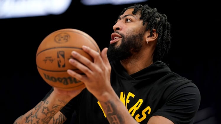 Feb 12, 2022; San Francisco, California, USA; Los Angeles Lakers forward Anthony Davis (3) warms up before the start of the game against the Golden State Warriors at the Chase Center. Mandatory Credit: Cary Edmondson-USA TODAY Sports