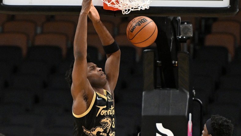 Feb 12, 2022; Toronto, Ontario, CAN;  Toronto Raptors forward OG Anunoby (3) dunks against the Denver Nuggets in the first half at Scotiabank Arena. Mandatory Credit: Dan Hamilton-USA TODAY Sports