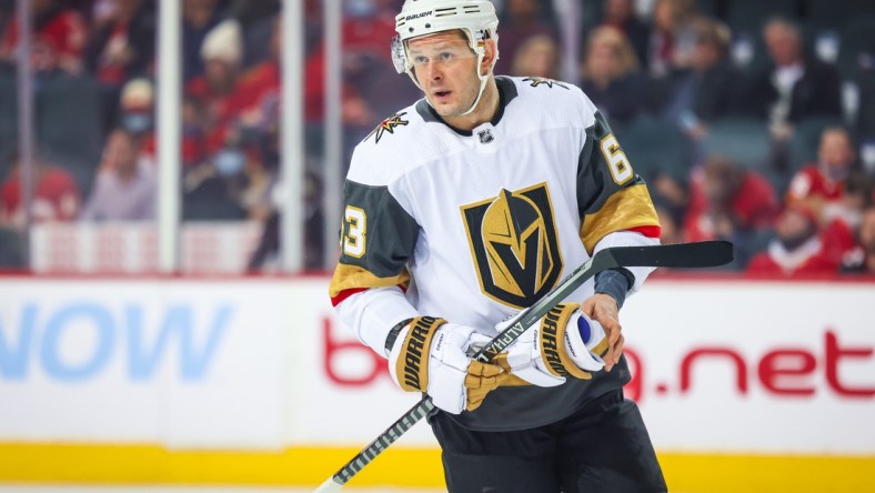 Feb 9, 2022; Calgary, Alberta, CAN; Vegas Golden Knights right wing Evgenii Dadonov (63) during the first period against the Calgary Flames at Scotiabank Saddledome. Mandatory Credit: Sergei Belski-USA TODAY Sports