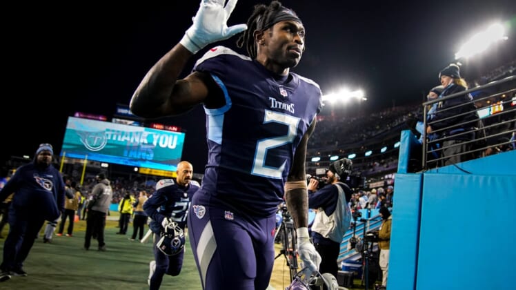 Tennessee Titans wide receiver Julio Jones (2) exits the field after their loss to the Cincinnati Bengals in a AFC Divisional playoff game at Nissan Stadium Saturday, Jan. 22, 2022 in Nashville, Tenn.Titans Bengals 012222 An 004