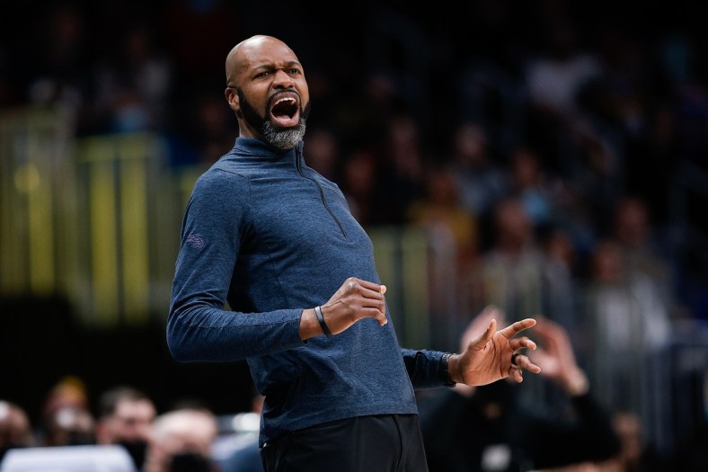 Feb 14, 2022; Denver, Colorado, USA; Orlando Magic head coach Jamahl Mosley looks on in the fourth quarter against the Denver Nuggets at Ball Arena. Mandatory Credit: Isaiah J. Downing-USA TODAY Sports