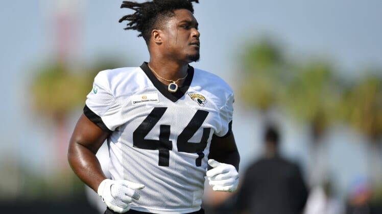 Jaguars LB (44) Myles Jack runs on the field during Wednesday's training camp session.  The Jacksonville Jaguars training camp session, Wednesday, July 28, 2021, at the team's practice fields outside TIAA Bank Field. [Bob Self/Florida Times-Union]Jki 072821 Jagstrainingcam 7