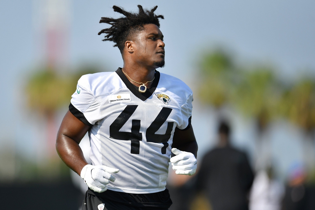 Jaguars LB (44) Myles Jack runs on the field during Wednesday's training camp session.  The Jacksonville Jaguars training camp session, Wednesday, July 28, 2021, at the team's practice fields outside TIAA Bank Field. [Bob Self/Florida Times-Union]

Jki 072821 Jagstrainingcam 7