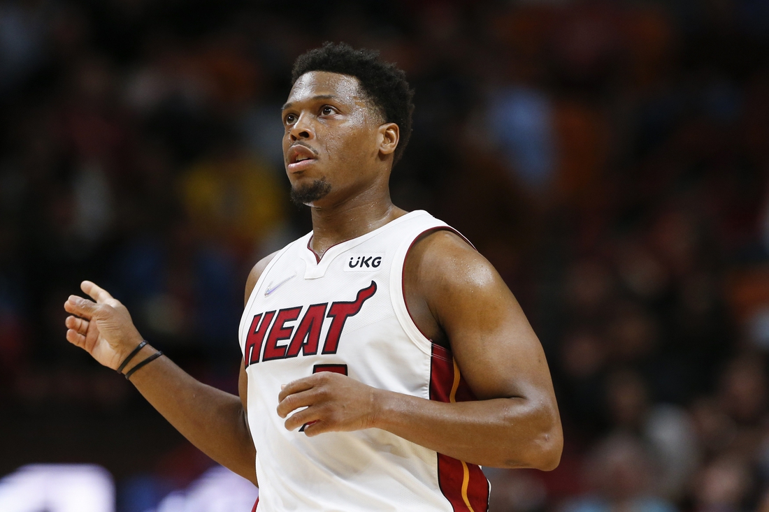 Feb 15, 2022; Miami, Florida, USA; Miami Heat guard Kyle Lowry (7) reacts after scoring against the Dallas Mavericks during the second quarter at FTX Arena. Mandatory Credit: Sam Navarro-USA TODAY Sports