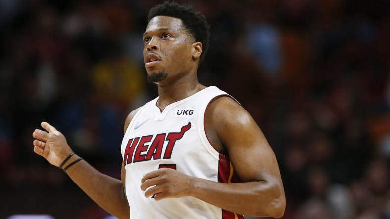 Feb 15, 2022; Miami, Florida, USA; Miami Heat guard Kyle Lowry (7) reacts after scoring against the Dallas Mavericks during the second quarter at FTX Arena. Mandatory Credit: Sam Navarro-USA TODAY Sports