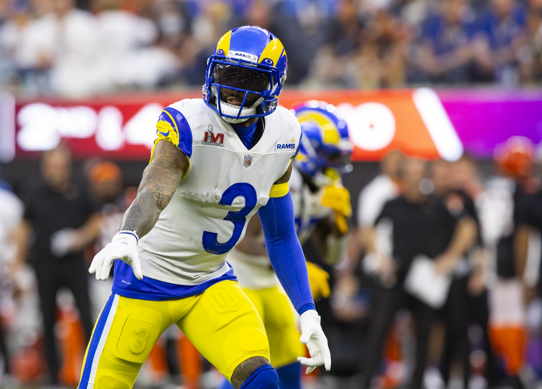 Feb 13, 2022; Inglewood, CA, USA; Los Angeles Rams wide receiver Odell Beckham Jr. (3) against the Cincinnati Bengals during Super Bowl LVI at SoFi Stadium. Mandatory Credit: Mark J. Rebilas-USA TODAY Sports