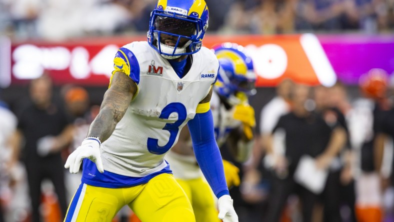 Feb 13, 2022; Inglewood, CA, USA; Los Angeles Rams wide receiver Odell Beckham Jr. (3) against the Cincinnati Bengals during Super Bowl LVI at SoFi Stadium. Mandatory Credit: Mark J. Rebilas-USA TODAY Sports