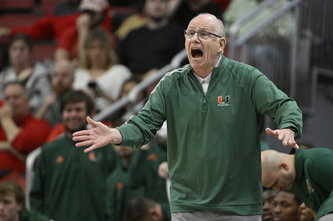 Feb 16, 2022; Louisville, Kentucky, USA; Miami (FL) Hurricanes head coach Jim Larranaga calls out instructions during the second half against the Louisville Cardinals at KFC Yum! Center. Mandatory Credit: Jamie Rhodes-USA TODAY Sports