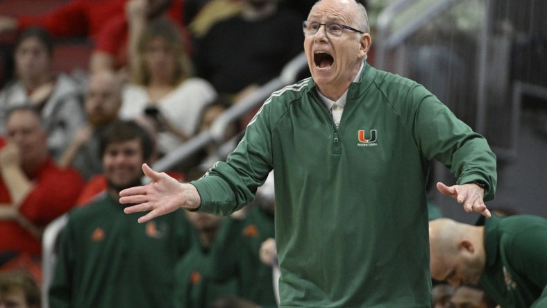 Feb 16, 2022; Louisville, Kentucky, USA; Miami (FL) Hurricanes head coach Jim Larranaga calls out instructions during the second half against the Louisville Cardinals at KFC Yum! Center. Mandatory Credit: Jamie Rhodes-USA TODAY Sports