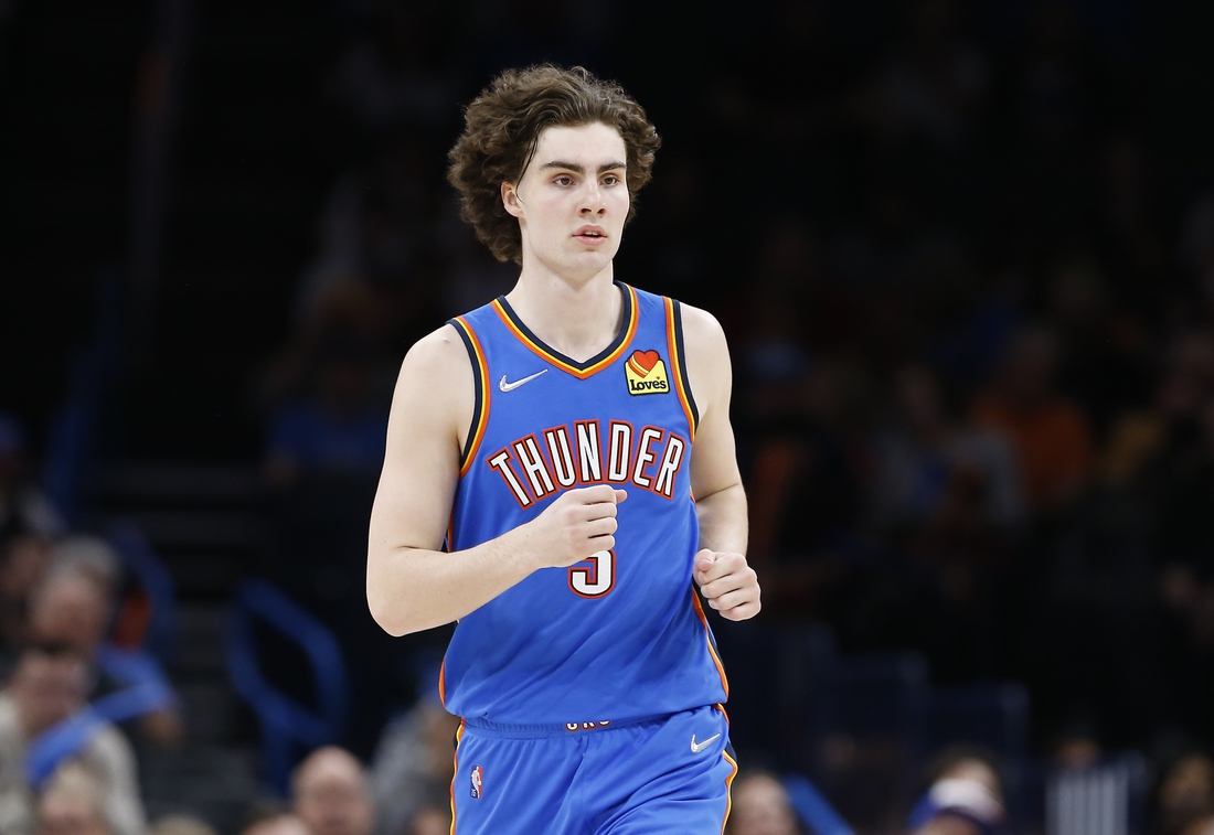 Feb 16, 2022; Oklahoma City, Oklahoma, USA; Oklahoma City Thunder guard Josh Giddey (3) runs down the court against the San Antonio Spurs during the second half at Paycom Center. San Antonio won 114-106. Mandatory Credit: Alonzo Adams-USA TODAY Sports