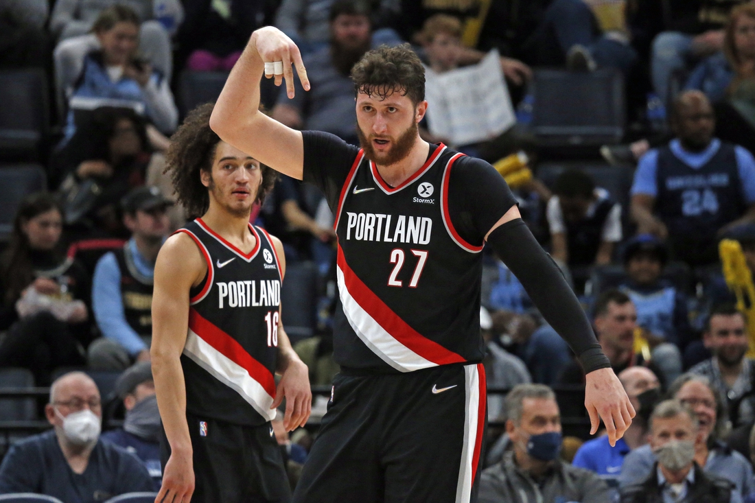 Feb 16, 2022; Memphis, Tennessee, USA; Portland Trail Blazers center Jusuf Nurkic (27) reacts after a basket during the second half against the Memphis Grizzles at FedExForum. Mandatory Credit: Petre Thomas-USA TODAY Sports