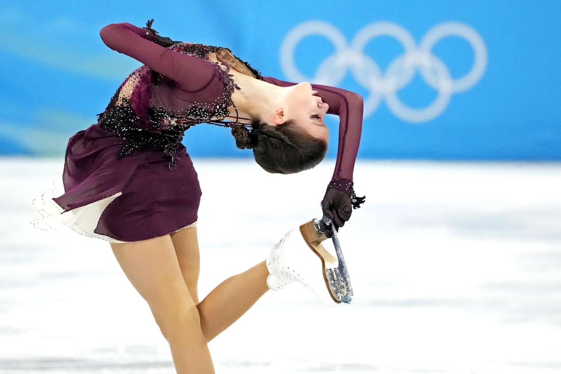 Feb 17, 2022; Beijing, China; Anna Shcherbakova (ROC) in the women   s figure skating free program during the Beijing 2022 Olympic Winter Games at Capital Indoor Stadium. Mandatory Credit: Robert Deutsch-USA TODAY Sports