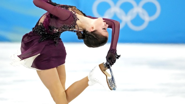 Feb 17, 2022; Beijing, China; Anna Shcherbakova (ROC) in the women   s figure skating free program during the Beijing 2022 Olympic Winter Games at Capital Indoor Stadium. Mandatory Credit: Robert Deutsch-USA TODAY Sports