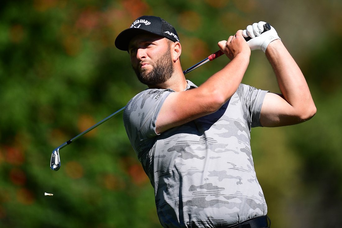 Feb 17, 2022; Pacific Palisades, California, USA; Jon Rahm hits from the fourth tee during the first round of the Genesis Invitational golf tournament. Mandatory Credit: Gary A. Vasquez-USA TODAY Sports