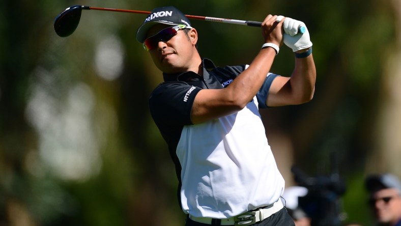 Feb 17, 2022; Pacific Palisades, California, USA; Hideki Matsuyama hits from the second tee during the first round of the Genesis Invitational golf tournament. Mandatory Credit: Gary A. Vasquez-USA TODAY Sports