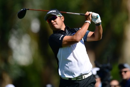 Feb 17, 2022; Pacific Palisades, California, USA; Hideki Matsuyama hits from the second tee during the first round of the Genesis Invitational golf tournament. Mandatory Credit: Gary A. Vasquez-USA TODAY Sports