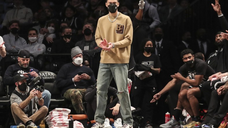 Feb 17, 2022; Brooklyn, New York, USA; Brooklyn Nets guard Ben Simmons (10) applauds for his teammates in the third quarter against the Washington Wizards at Barclays Center. Mandatory Credit: Wendell Cruz-USA TODAY Sports