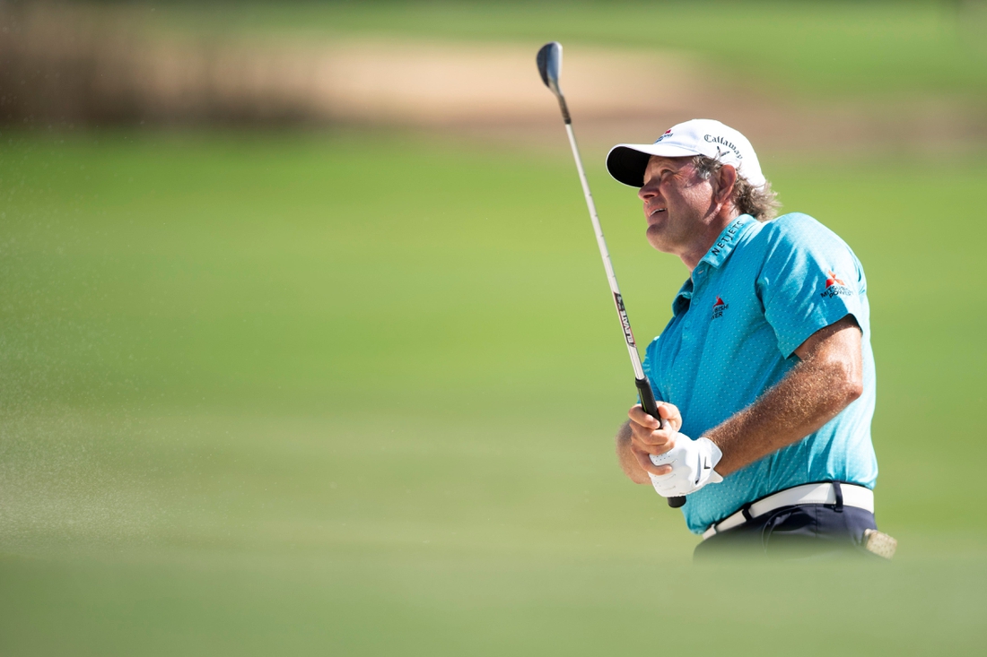 Retief Goosen (RSA) hits a shot from a bunker on the 18th hole during the first round of the Chubb Classic, Friday, Feb. 18, 2022, at Tibur  n Golf Club at The Ritz-Carlton Golf Resort in Naples, Fla.

Chubb Classic first round, Feb. 18, 2022