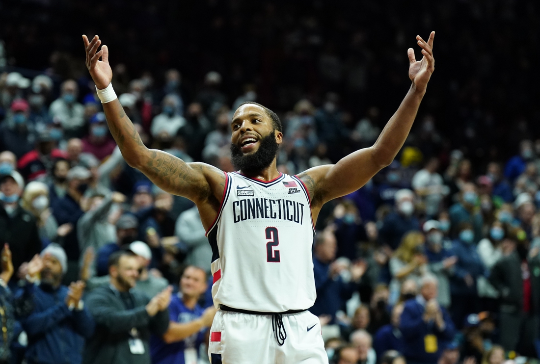 Feb 19, 2022; Storrs, Connecticut, USA; Connecticut Huskies guard R.J. Cole (2) react in the last seconds of the game against the Xavier Musketeers in the second half at Harry A. Gampel Pavilion. Mandatory Credit: David Butler II-USA TODAY Sports