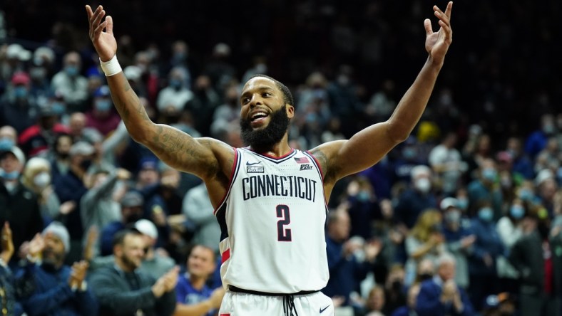 Feb 19, 2022; Storrs, Connecticut, USA; Connecticut Huskies guard R.J. Cole (2) react in the last seconds of the game against the Xavier Musketeers in the second half at Harry A. Gampel Pavilion. Mandatory Credit: David Butler II-USA TODAY Sports